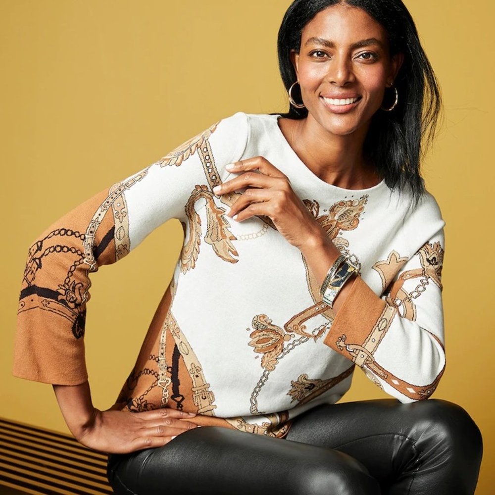 CHICO'S FABULOUS JACQUARD BATEAU-NECK SWEATER. NWT